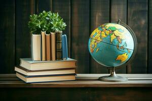 ai generato globo e libri un' simbolo di globale conoscenza e formazione scolastica ai generato foto