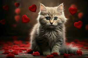 ai generato pawsitively adorabile un' dolce gattino annidato con un' cuore radiante amore ai generato foto