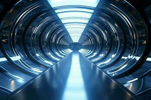ai generato scintillante metallico finire nel un' futuristico tecnologia tunnel concetto foto