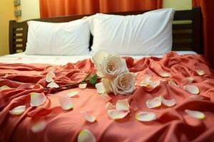 ai generato elegante gesto rosa petali su il letto aggiungendo un' toccare di lusso e romanza ai generato foto