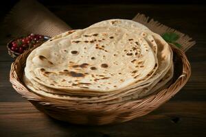 ai generato chapati su di legno sfondo, che rappresentano autentico indiano tradizionale cucina foto