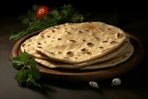 ai generato totale Grano piadina indiano tradizionale chapati, il phooli aria pieno roti foto