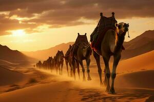 ai generato cammello caravan si imbarca su un' viaggio attraverso vasto sahara dune foto