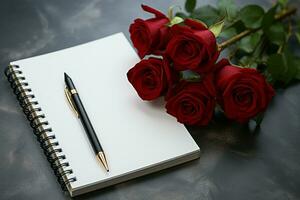 ai generato taccuino, rosso Rose, e penna su un' lussuoso marmo scrivania foto