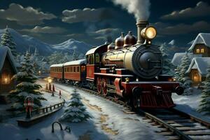ai generato Natale treno rotolamento attraverso un' inverno Paese delle meraviglie ai generato foto
