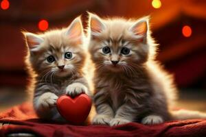 ai generato pawsitively adorabile un' dolce gattino annidato con un' cuore radiante amore ai generato foto