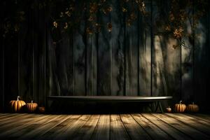 ai generato misterioso Halloween ambiance buio orrore sfondo con vacante di legno tavole ai generato foto