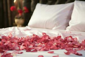 ai generato elegante gesto rosa petali su il letto aggiungendo un' toccare di lusso e romanza ai generato foto