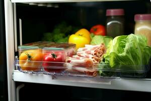 ai generato frigorifero trova recupero un' cibo contenitore a partire dal il frigo per un' pasto ai generato foto