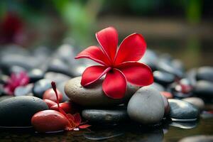 ai generato terme ambiance rosso frangipani fiore in mezzo calmante preparativi di terme pietre foto