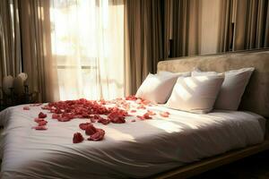 ai generato Hotel romanza letto ornato con rosa petali la creazione di un' romantico ambientazione ai generato foto