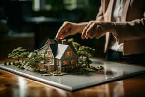 ai generato modello Casa proprietà miniatura rappresentazioni in mostra vero tenuta offerte ai generato foto