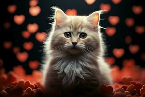 ai generato pawsitively adorabile un' dolce gattino annidato con un' cuore radiante amore ai generato foto