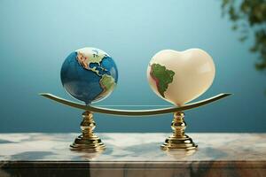 ai generato 3d illustrazione terra globo vs cuore su bilancia, equilibratura vita foto