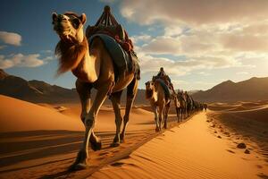 ai generato caravan di cammelli attraversa sahara sabbioso dune nel un' largo angolo foto