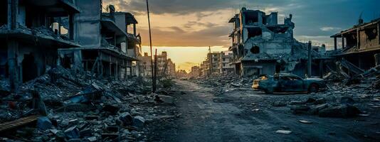 ai generato rovine di edifici nel il strada di un' città distrutto di guerra conflitto nel il leggero di tramonto foto