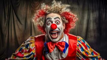 ai generato clown con un' molto espressivo, stupito viso. il da clown costume è colorato, e il trucco esagera il facciale espressione, con largo occhi e un Aperto bocca. foto