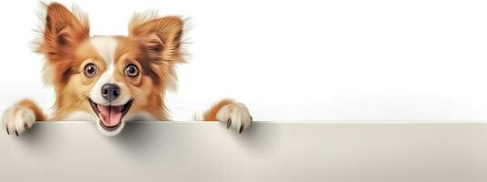 ai generato un' fotorealistico 3d caricatura di un adorabile cane sbirciando al di sopra di un' ripiano con un' gioioso espressione, impostato contro un' pulito bianca sfondo foto