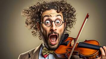 ai generato persona con un' sorpreso espressione Tenere un' violino e arco, probabile che rappresentano un' musicista nel il mezzo di giocando. foto