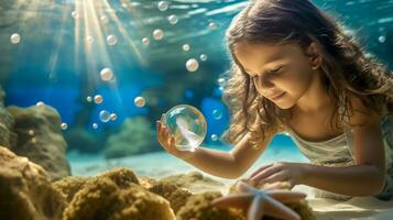 ai generato giovane ragazza sott'acqua, illuminato di un' albero di luce del sole, meraviglia a un' chiaro bolla nel sua mani contro un' fondale di oceano flora. foto