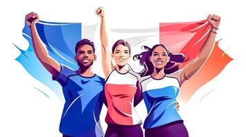 ai generato atleti di diverso nazionalità unire nel vittoria, francese bandiera simboleggiante il 2024 Olimpiadi nel Parigi, cartone animato foto