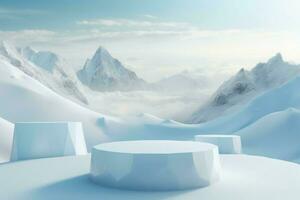 ai generato inverno bianca piattaforma con montagna picco Visualizza. creare ai foto
