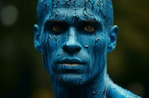 ai generato misterioso uomo blu pelle viso. creare ai foto