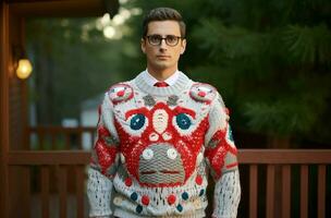 ai generato colorato uomo Natale maglione. creare ai foto