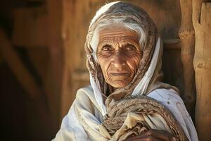 ai generato spirituale vecchio arabo villaggio vecchio donna. creare ai foto