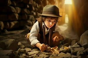 ai generato intraprendente archeologo bambino ragazzo. creare ai foto