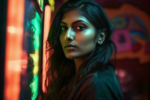 ai generato indiano donna modello nel neon illuminato camera. creare ai foto