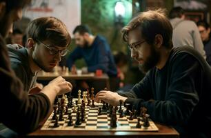 ai generato uomini giocando scacchi durante torneo. creare ai foto