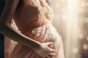 ai generato maternità periodo di donna nel elegante rosa vestire. creare ai foto