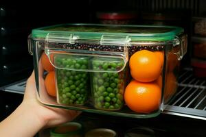 ai generato frigorifero trova recupero un' cibo contenitore a partire dal il frigo per un' pasto ai generato foto