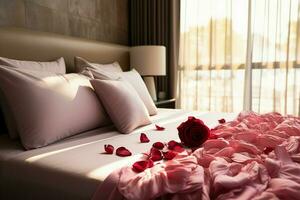 ai generato elegante gesto rosa petali su il letto aggiungendo un' toccare di lusso e romanza ai generato foto