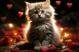 ai generato pawsitively adorabile un' dolce gattino annidato con un' cuore radiante amore ai generato foto