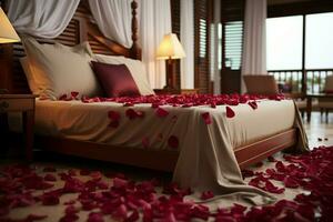 ai generato romantico ambiance rosa petali sparpagliato su un' letto nel un' Hotel camera ai generato foto