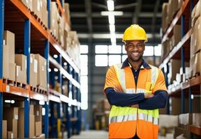 ai generato ritratto di un' sorridente giovane africano americano magazzino lavoratore nel un' magazzino. foto