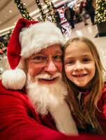 ai generato contento ragazzo incontrare Santa Claus su Natale foto