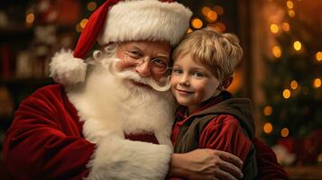 ai generato contento ragazzo incontrare Santa Claus su Natale foto