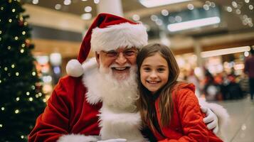 ai generato contento ragazzo incontrare Santa Claus su Natale foto