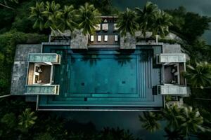 ai generato panoramico Hotel infinito piscina Visualizza. creare ai foto