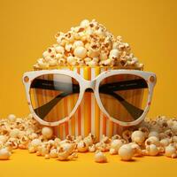 ai generato un' giallo contenitore con Popcorn e occhiali da sole foto