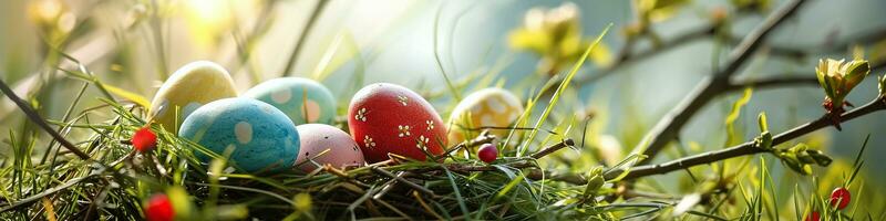 ai generato bandiera vivace Pasqua uova annidato nel un' illuminata dal sole nido, Perfetto per primavera vacanza temi, Pasqua sfondi, e festivo saluto carte foto