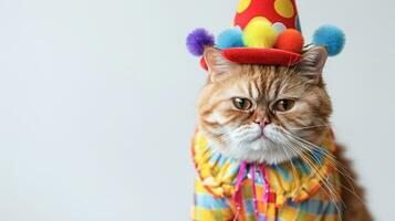 ai generato bandiera affascinante arancia soriano gatto vestito nel un' polka punto festa cappello e clown collare, bianca sfondo, grande per umoristico animale domestico pubblicità foto