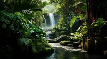 ai generato cascata nel foresta, cascata nel il giungla, tropicale paesaggio nel il giungla, impianti e verde alberi nel il giungla, cascata con lago nel il foresta foto