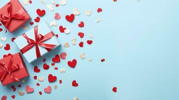 ai generato elegante presente con rosso arco e cuore coriandoli su un' sereno blu superficie, adatto per compleanno, nozze, o San Valentino immagini foto
