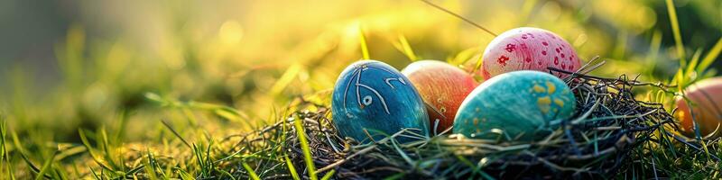 ai generato bandiera vivace Pasqua uova annidato nel un' illuminata dal sole nido, Perfetto per primavera vacanza temi, Pasqua sfondi, e festivo saluto carte foto