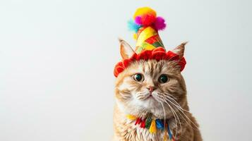 ai generato adorabile Zenzero gatto vestito nel un' festivo costume con un' clown cappello, adatto per divertimento animale domestico calendari e strambo parete arte foto