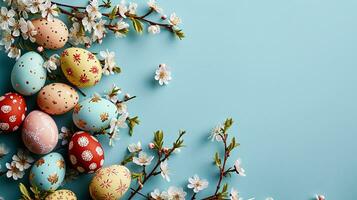 ai generato vivace Pasqua uova con floreale modelli su un' blu sfondo con fresco primavera fiori, ideale per festivo decorazione e vacanza saluti. foto